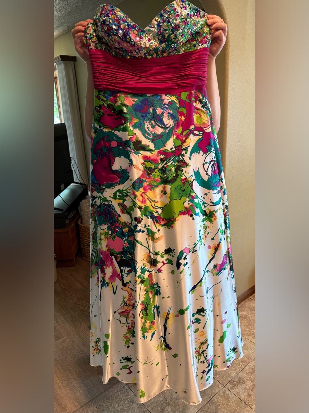 Night Moves Women's Abstract Paint-Splash Prom Dress - Pink, Green, Blue